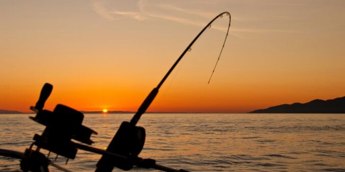 black fishing rod and body of water during golden hour